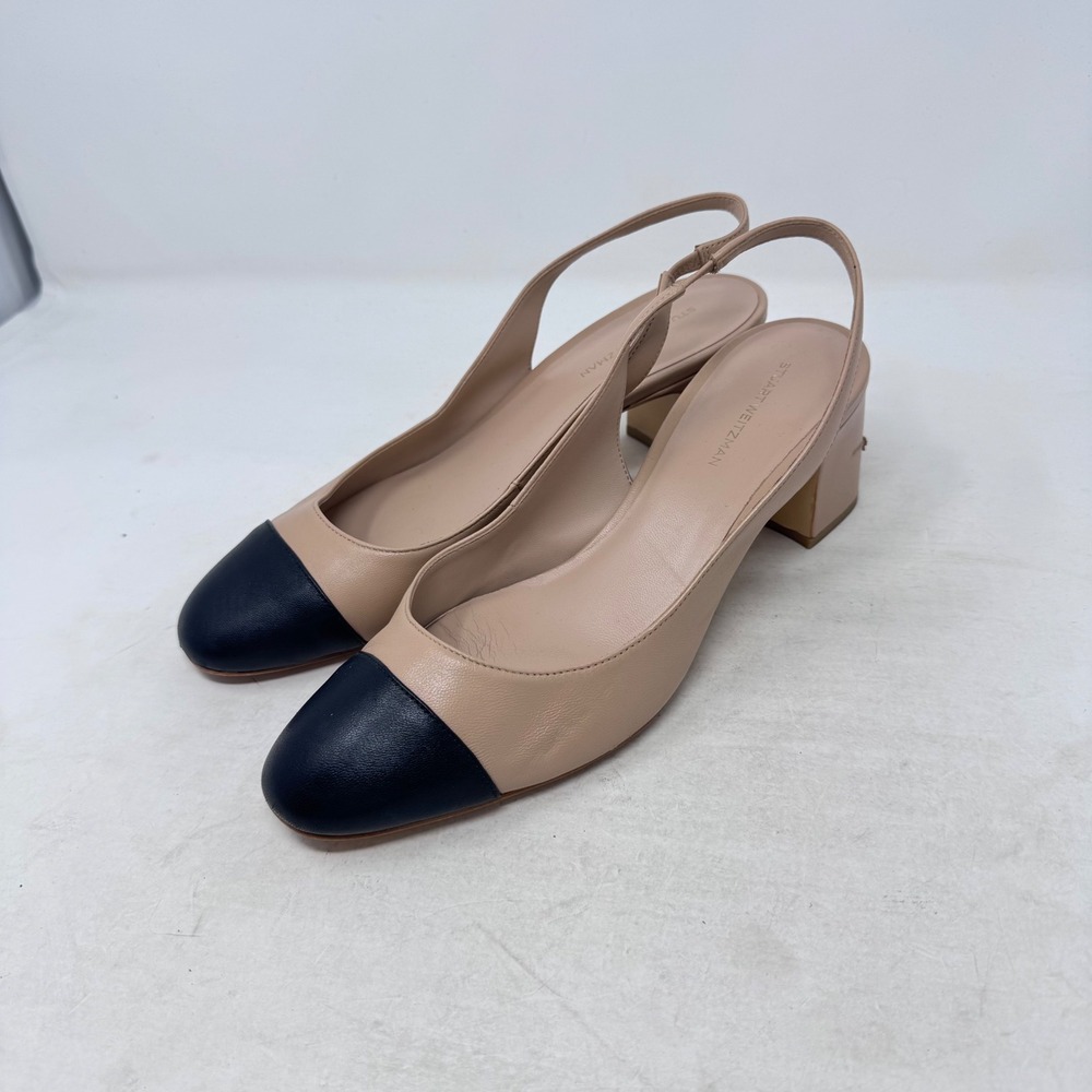 Stuart Weitzman Slingback Heels Nude Black 9.5 Cap Toe Block Heel Parisian Chic